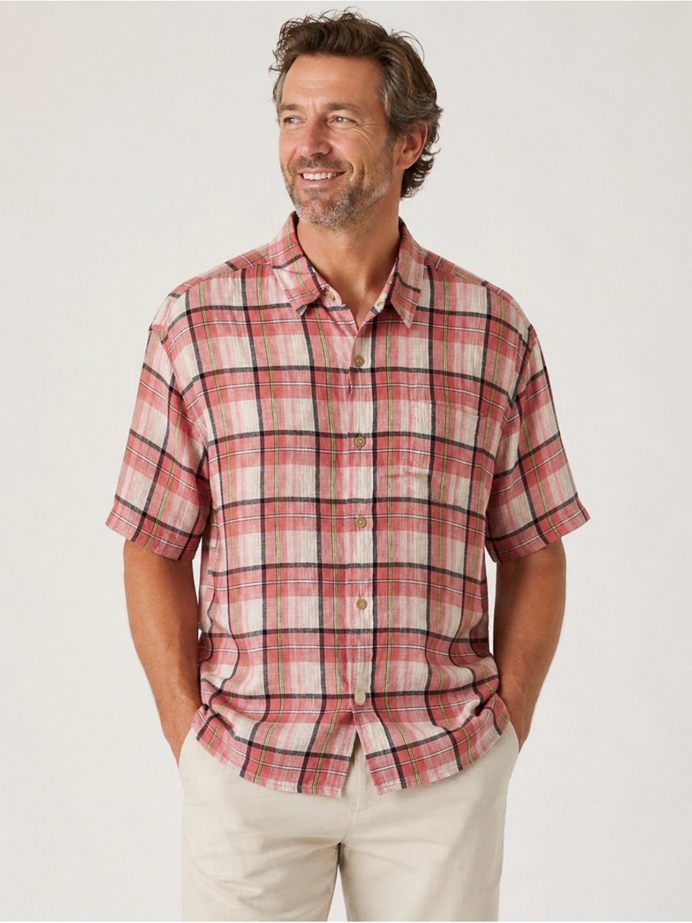 Tommy Bahama Short Sleeve Shirt 100% Linen Pink Plaid XL Coastal Resortwear